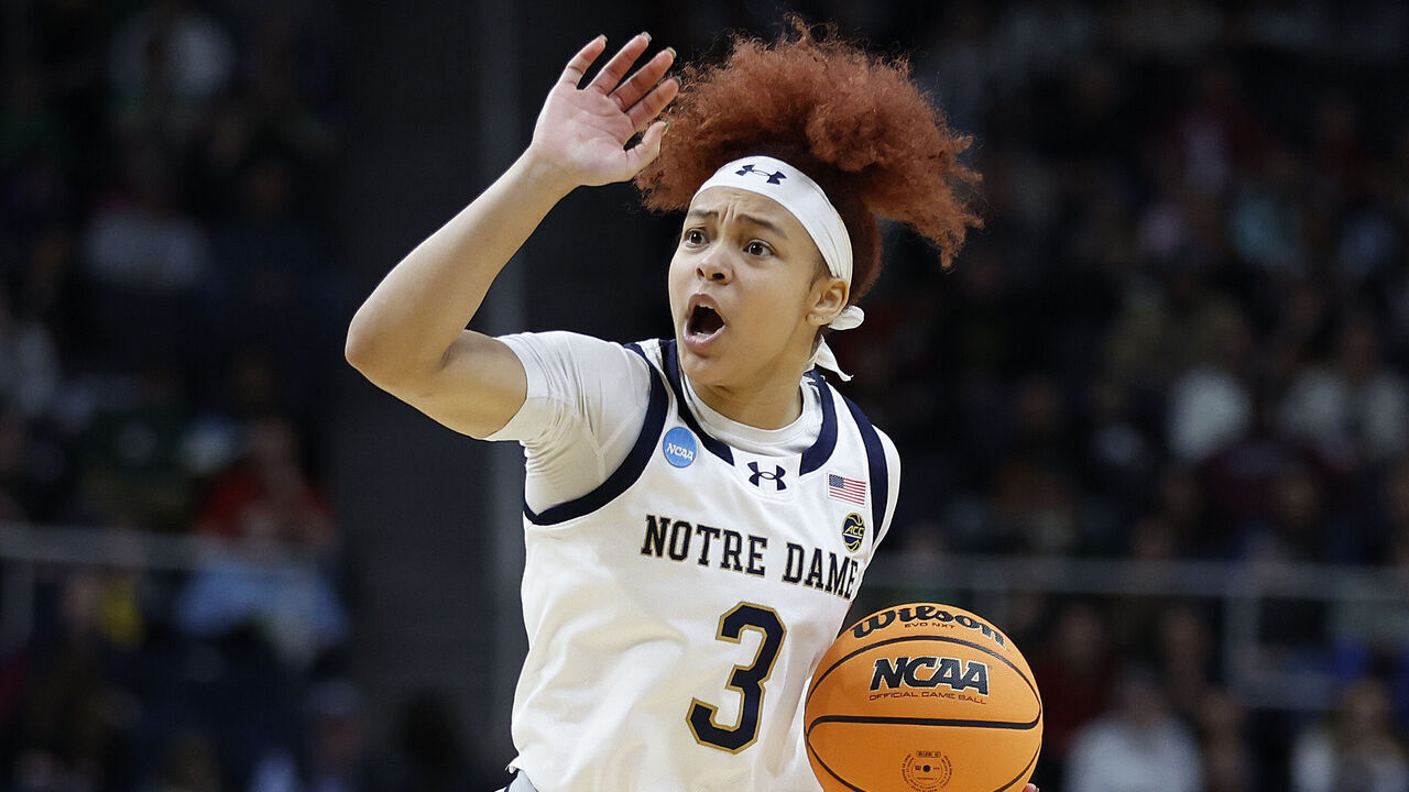 ALBANY, NEW YORK - MARCH 29: Hannah Hidalgo #3 of the Notre Dame Fighting Irish gestures with the ball against the Oregon State Beavers during the second half in the Sweet 16 round of the NCAA Women's Basketball Tournament at MVP Arena on March 29, 2024 in Albany, New York.