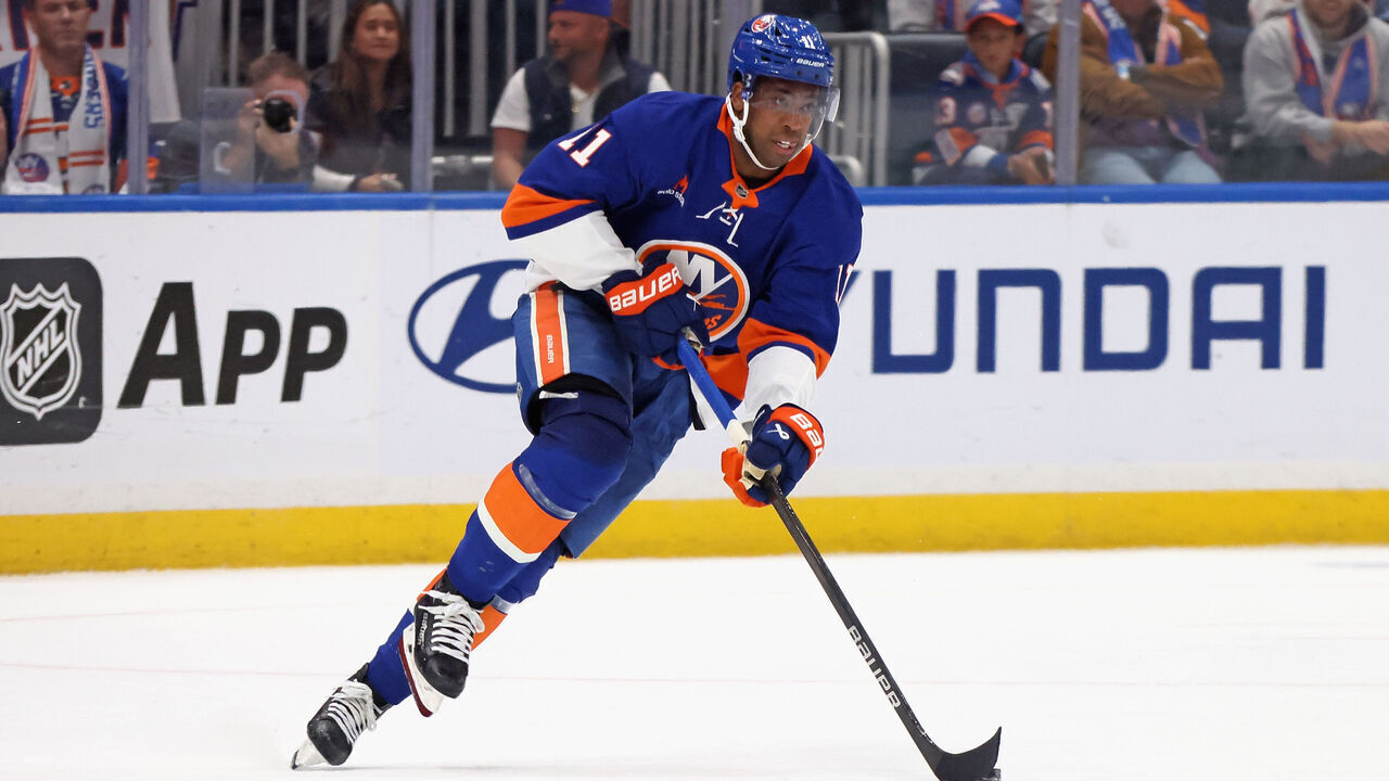 ELMONT, NEW YORK - OCTOBER 10: Anthony Duclair #11 of the New York Islanders skates against the Utah Hockey Club at UBS Arena on October 10, 2024 in Elmont, New York.