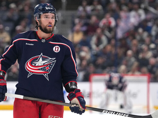 COLUMBUS, OHIO - OCTOBER 17: Ivan Provorov #9 of the Columbus Blue Jackets seen in action during the game against the Buffalo Sabres at Nationwide Arena on October 17, 2024 in Columbus, Ohio.