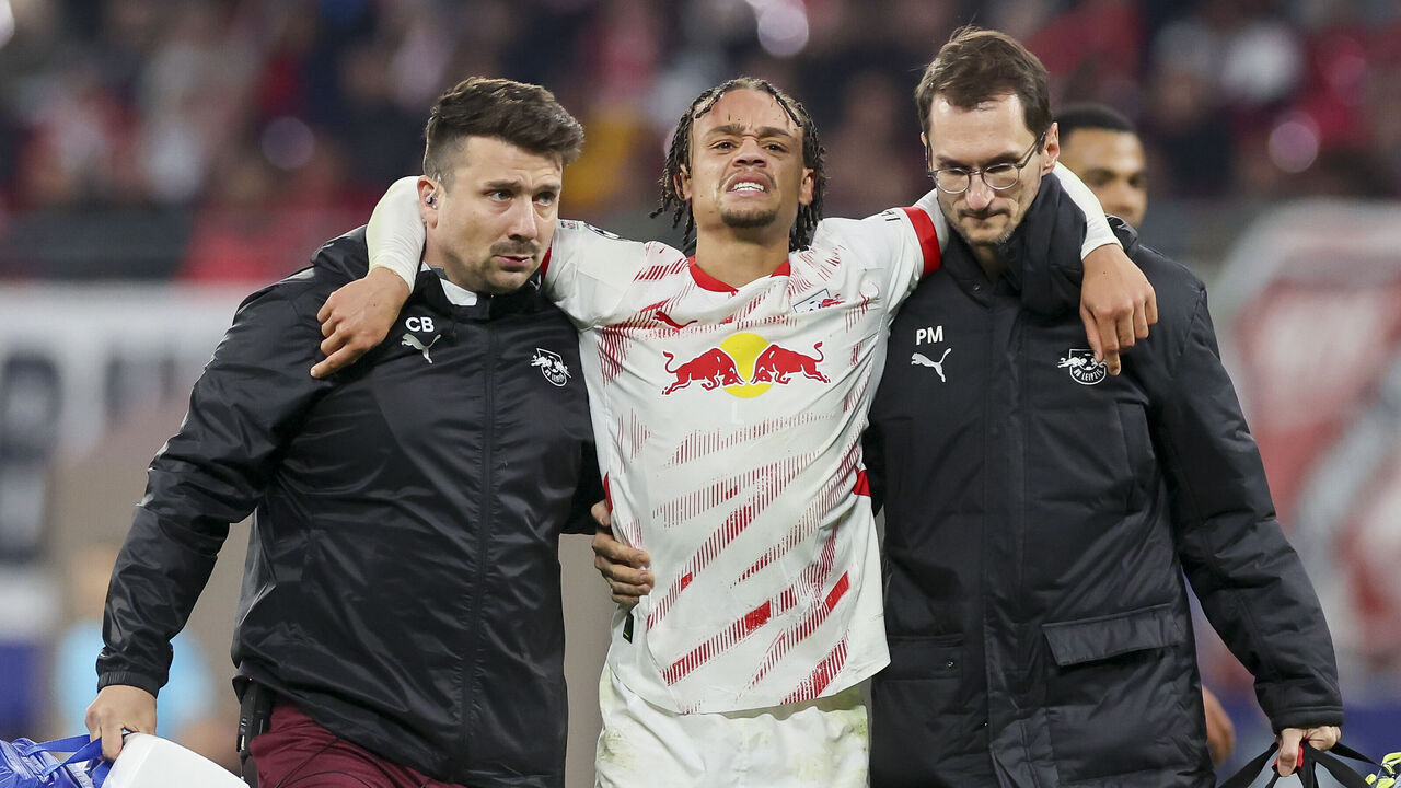 Leipzig, Germany - October 23: Xavi Simons of RB Leipzig leaves the pitch injured and is substituted during the UEFA Champions League 2024/25 League Phase MD3 match between RB Leipzig and Liverpool FC at Red Bull Arena (Leipzig) on October 23, 2024 in Leipzig, Germany.