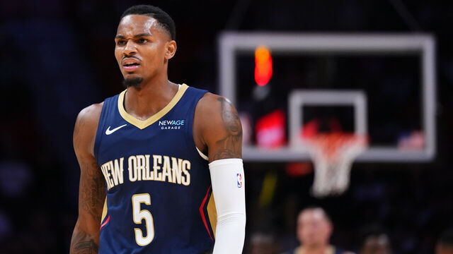 MIAMI, FLORIDA - OCTOBER 13: Dejounte Murray #5 of the New Orleans Pelicans looks on against the Miami Heat during a preseason game at Kaseya Center on October 13, 2024 in Miami, Florida.