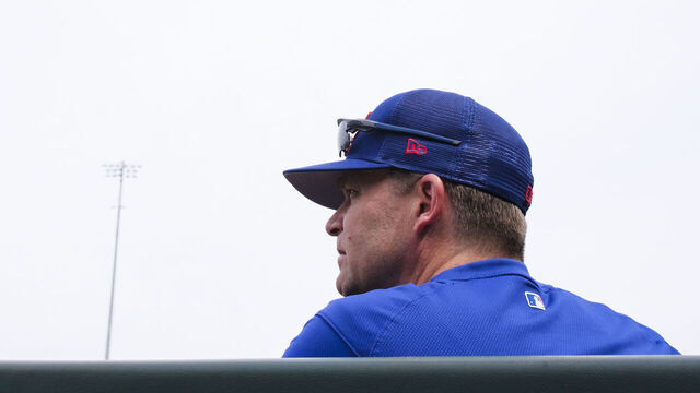 SURPRISE, AZ - MARCH 07: Tim Hyers of the Texas Rangers looks on during a spring training game against the Chicago Cubs at Surprise Stadium on March 7, 2023 in Surprise, Arizona.