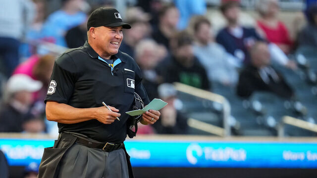 MINNEAPOLIS, MN - MAY 28: MLB umpire Mark Carlson looks on during a game between the Minnesota Twins and Kansas City Royals on May 28, 2024 at Target Field in Minneapolis, Minnesota.