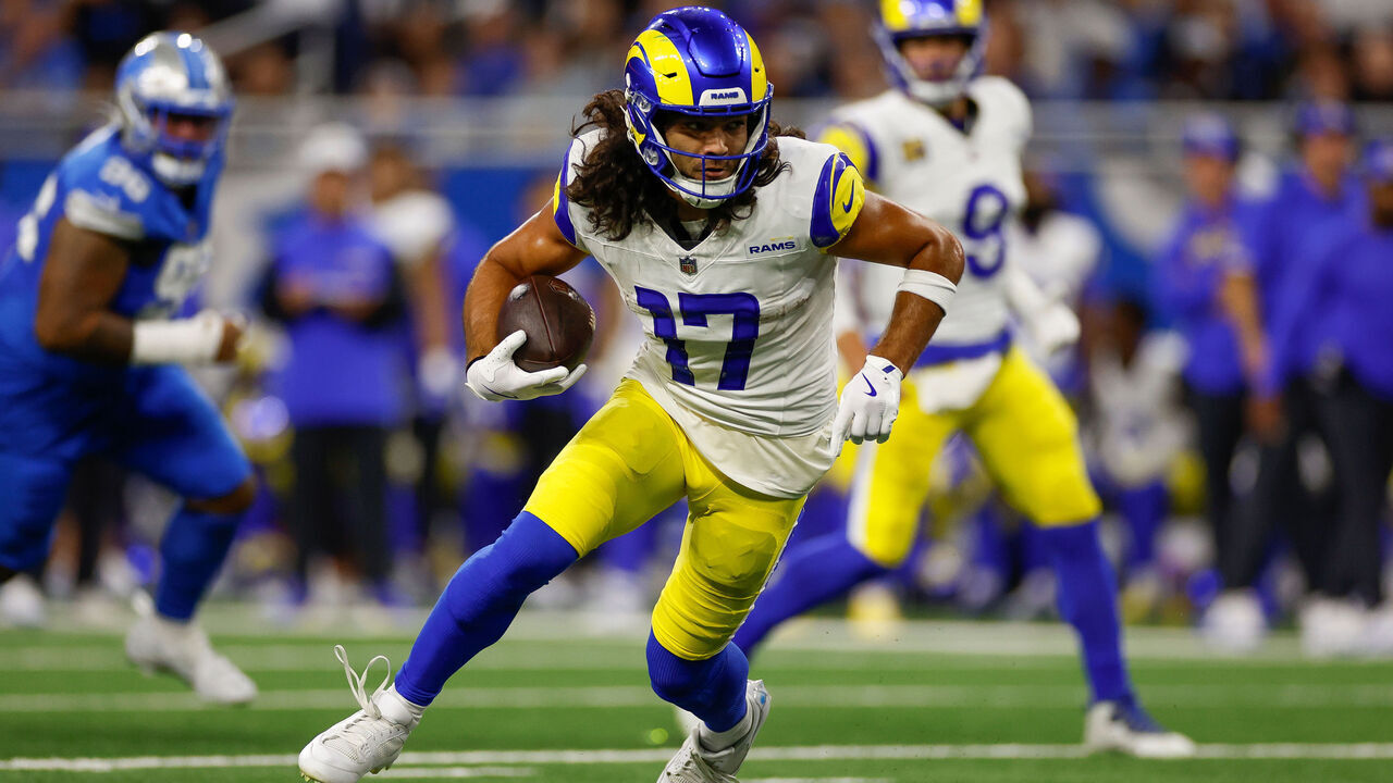 DETROIT, MI - SEPTEMBER 08: Puka Nacua #17 of the Los Angeles Rams runs after the catch against the Detroit Lions during the first half at Ford Field on September 08, 2024 in Detroit, Michigan.