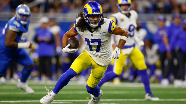 DETROIT, MI - SEPTEMBER 08: Puka Nacua #17 of the Los Angeles Rams runs after the catch against the Detroit Lions during the first half at Ford Field on September 08, 2024 in Detroit, Michigan.