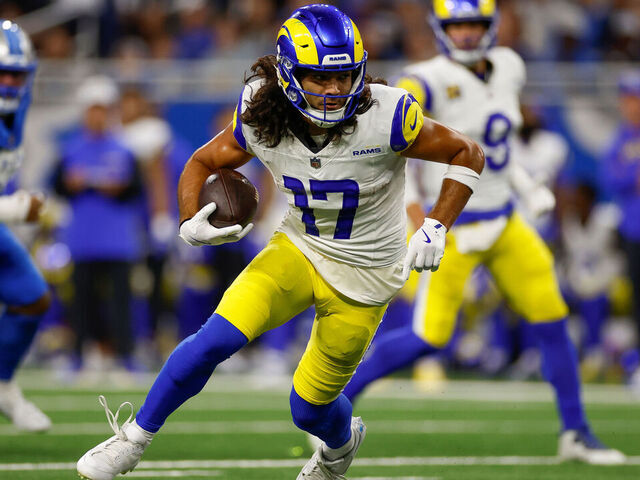 DETROIT, MI - SEPTEMBER 08: Puka Nacua #17 of the Los Angeles Rams runs after the catch against the Detroit Lions during the first half at Ford Field on September 08, 2024 in Detroit, Michigan.