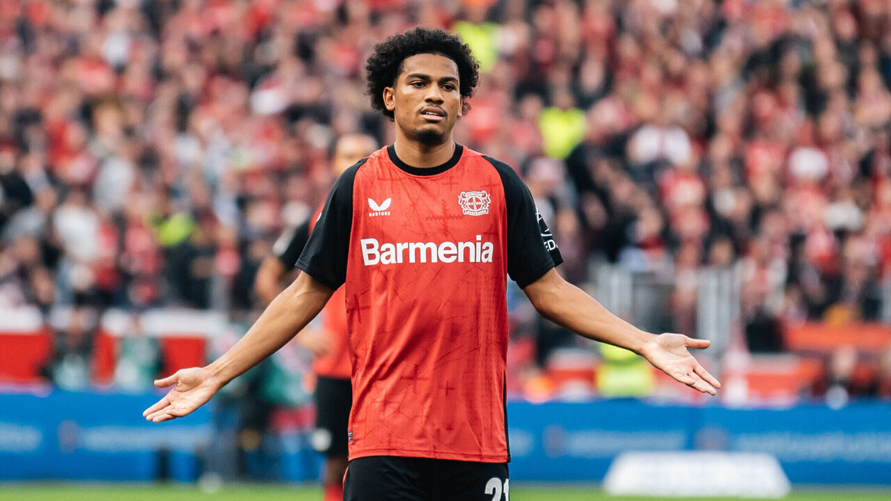 Amine Adli of Bayer 04 Leverkusen reacts during the Bundesliga match between Bayer 04 Leverkusen and Eintracht Frankfurt at BayArena in Leverkusen, Germany, on October 19, 2024.