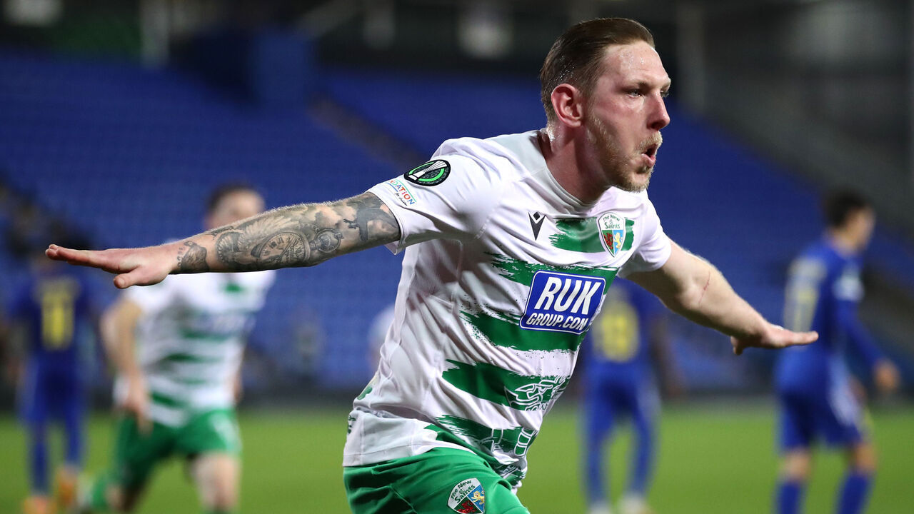 SHREWSBURY, ENGLAND - OCTOBER 24: Declan McManus of The New Saints celebrates scoring his team's second goal during the UEFA Conference League 2024/25 League Phase MD2 match between The New Saints FC and FC Astana at New Meadow on October 24, 2024 in Cardiff, Wales.