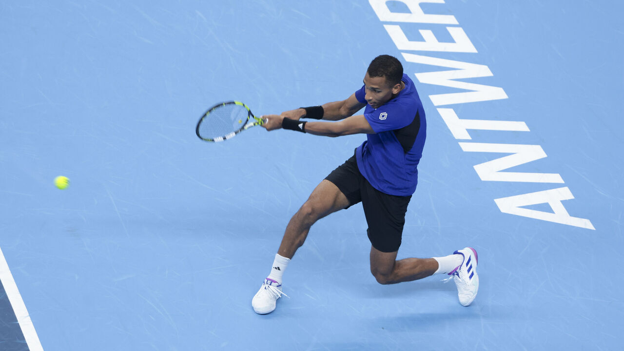 ANTWERP, BELGIUM - OCTOBER 18: Felix Auger Aliassime of Canada during his quarter-final match against Roberto Bautista Agut of Spain at the European Open 2024, a men's ATP Tour 250 tennis tournament at Lotto Arena on October 18, 2024 in Antwerp, Anvers, Belgium.