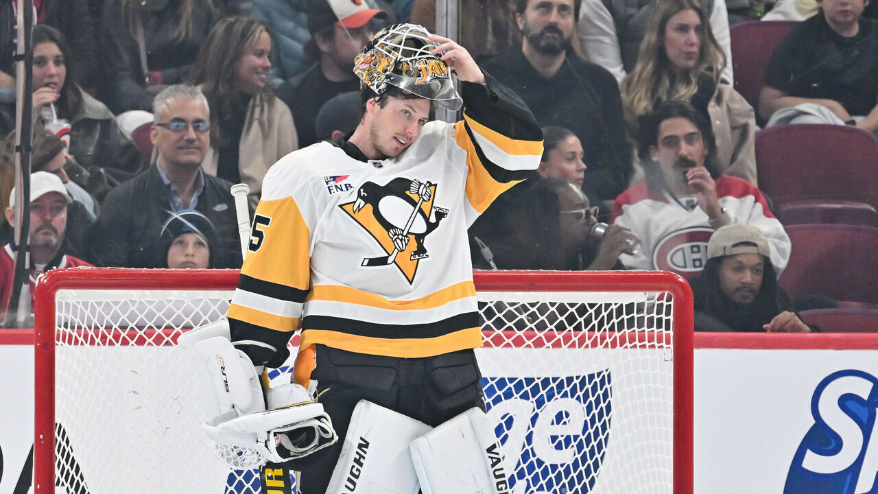 MONTREAL, CANADA - OCTOBER 14: Tristan Jarry #35 of the Pittsburgh Penguins looks on with his mask up during the third period against the Montreal Canadiens at the Bell Centre on October 14, 2024 in Montreal, Quebec, Canada. The Pittsburgh Penguins defeated the Montreal Canadiens 6-3.