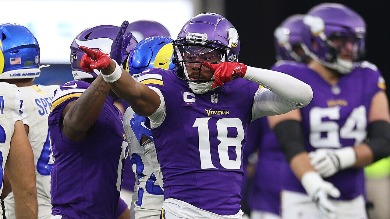 INGLEWOOD, CALIFORNIA - OCTOBER 24: Justin Jefferson #18 of the Minnesota Vikings after making a first down against the Los Angeles Rams in the first quarter at SoFi Stadium on October 24, 2024 in Inglewood, California.