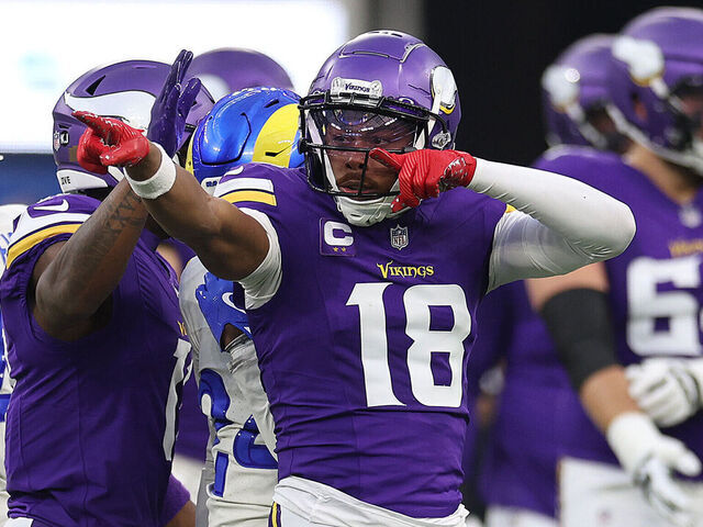 INGLEWOOD, CALIFORNIA - OCTOBER 24: Justin Jefferson #18 of the Minnesota Vikings after making a first down against the Los Angeles Rams in the first quarter at SoFi Stadium on October 24, 2024 in Inglewood, California.