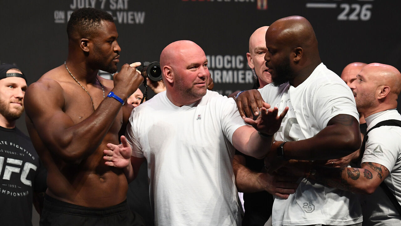LAS VEGAS, NV - JULY 06: (L-R) Opponents Francis Ngannou of Cameroon and Derrick Lewis face off during the UFC 226 weigh-in inside T-Mobile Arena on July 6, 2018 in Las Vegas, Nevada.