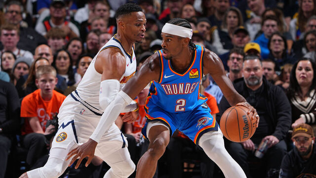 DENVER, CO - OCTOBER 24: Shai Gilgeous-Alexander #2 of the Oklahoma City Thunder dribbles the ball during the game against the Denver Nuggets on October 24, 2024 at Ball Arena in Denver, Colorado. NOTE TO USER: User expressly acknowledges and agrees that, by downloading and/or using this Photograph, user is consenting to the terms and conditions of the Getty Images License Agreement. Mandatory Copyright Notice: Copyright 2024 NBAE