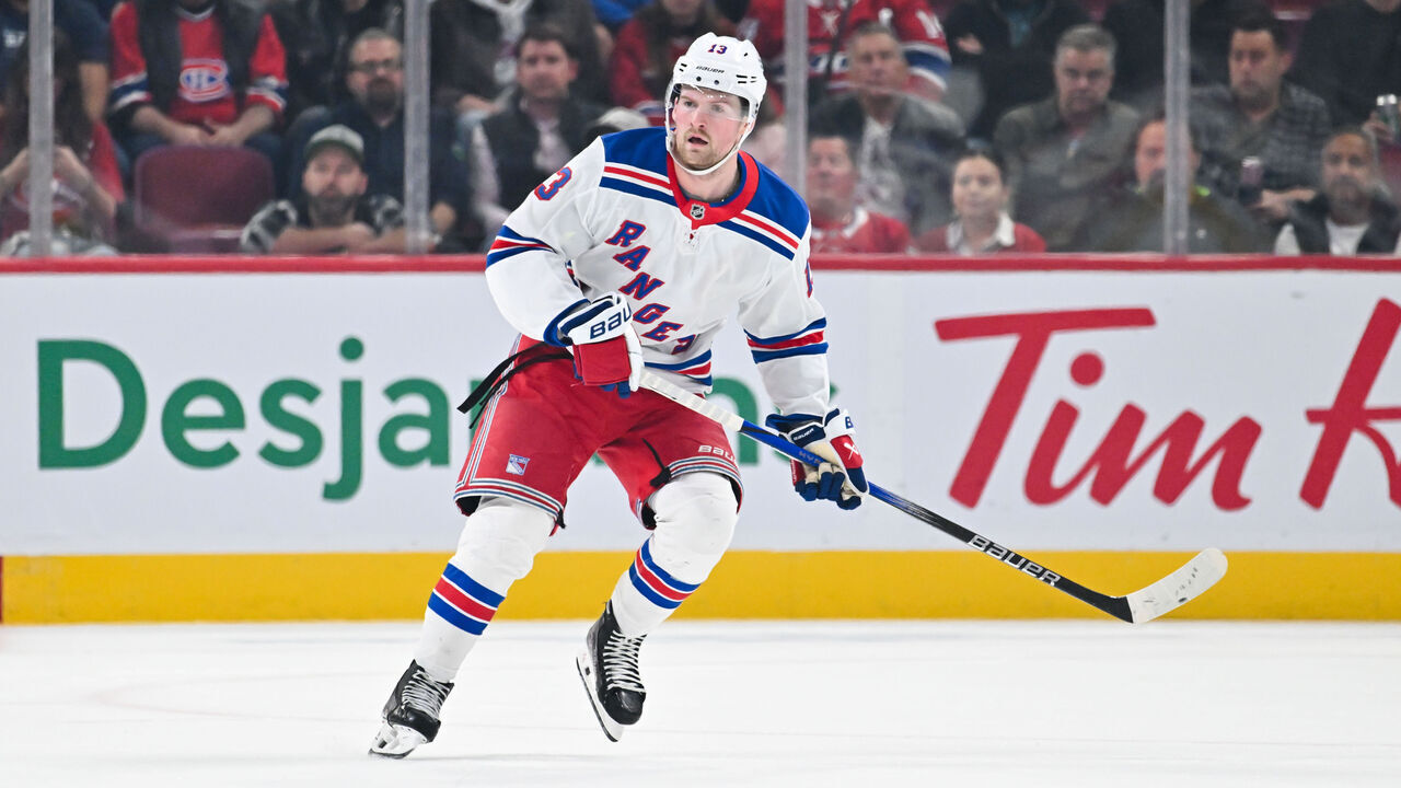 MONTREAL, CANADA - OCTOBER 22: Alexis Lafreniere #13 of the New York Rangers skates during the first period against the Montreal Canadiens at the Bell Centre on October 22, 2024 in Montreal, Quebec, Canada. The New York Rangers defeated the Montreal Canadiens 7-2.