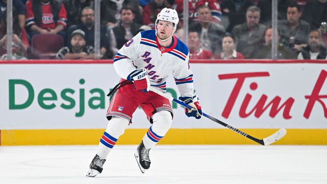 MONTREAL, CANADA - OCTOBER 22: Alexis Lafreniere #13 of the New York Rangers skates during the first period against the Montreal Canadiens at the Bell Centre on October 22, 2024 in Montreal, Quebec, Canada. The New York Rangers defeated the Montreal Canadiens 7-2.