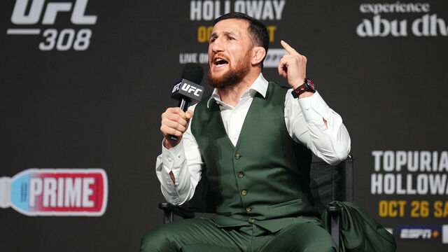 ABU DHABI, UNITED ARAB EMIRATES - OCTOBER 25: Merab Dvalishvili is seen on stage during a Q&A session prior to the UFC 308 ceremonial weigh-in at Etihad Arena on October 25, 2024 in Abu Dhabi, United Arab Emirates.