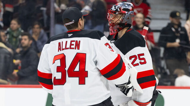 OTTAWA, ON - OCTOBER 17: New Jersey Devils Goalie Jake Allen (34) congratulates Goalie Jacob Markstrom (25) on the win after National Hockey League action between the New Jersey Devils and Ottawa Senators on October 17, 2024, at Canadian Tire Centre in Ottawa, ON, Canada.