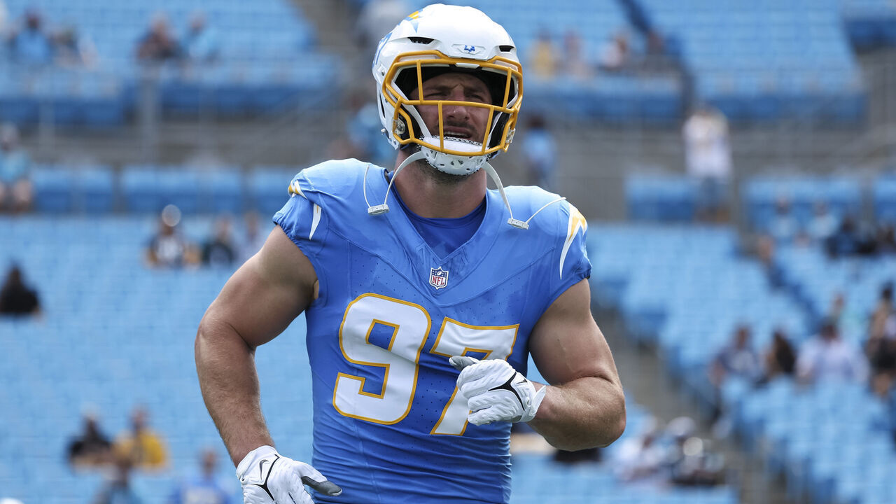 CHARLOTTE, NORTH CAROLINA - SEPTEMBER 15: Joey Bosa #97 of the Los Angeles Chargers warms up prior to a game against the Carolina Panthers at Bank of America Stadium on September 15, 2024 in Charlotte, North Carolina. The Chargers defeated the Panthers 26-3. (Kara Durrette/Getty Images)