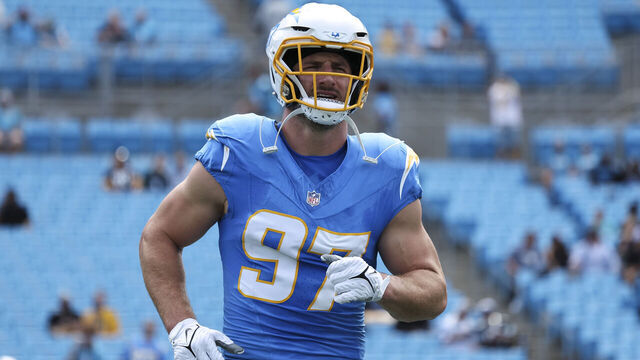 CHARLOTTE, NORTH CAROLINA - SEPTEMBER 15: Joey Bosa #97 of the Los Angeles Chargers warms up prior to a game against the Carolina Panthers at Bank of America Stadium on September 15, 2024 in Charlotte, North Carolina. The Chargers defeated the Panthers 26-3. (Kara Durrette/Getty Images)