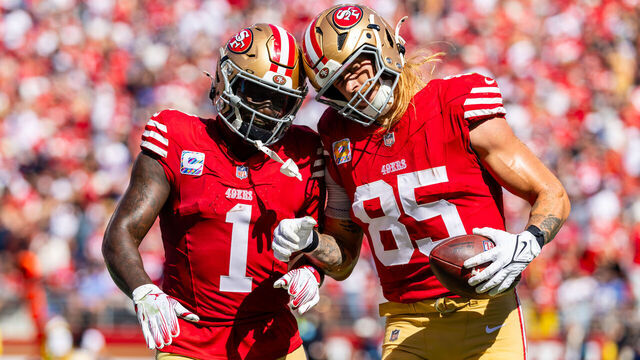 SANTA CLARA, CA - SEPTEMBER 29: San Francisco 49ers tight end George Kittle (85) celebrates a touchdown with San Francisco 49ers wide receiver Deebo Samuel Sr. (1) during the NFL game between the New England Patriots and the San Francisco 49ers on September 29, 2024 at Levi's Stadium in Santa Clara, CA.