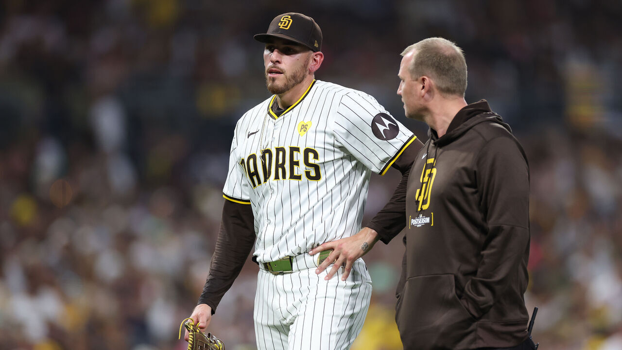 SAN DIEGO, CALIFORNIA - OCTOBER 02: Joe Musgrove #44 of the San Diego Padres leaves the game against the Atlanta Braves during the fourth inning in Game Two of the Wild Card Series at Petco Park on October 02, 2024 in San Diego, California.