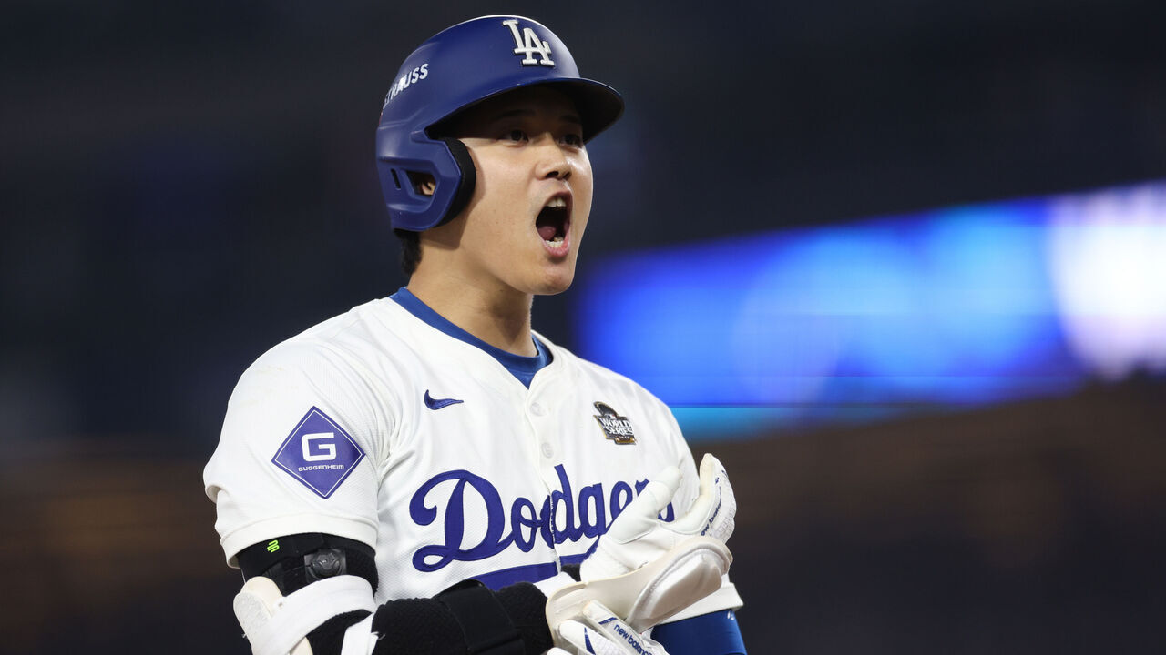 LOS ANGELES, CALIFORNIA - OCTOBER 25: Shohei Ohtani #17 of the Los Angeles Dodgers reacts after hitting a double in the eighth inning against the New York Yankees during Game One of the 2024 World Series at Dodger Stadium on October 25, 2024 in Los Angeles, California.