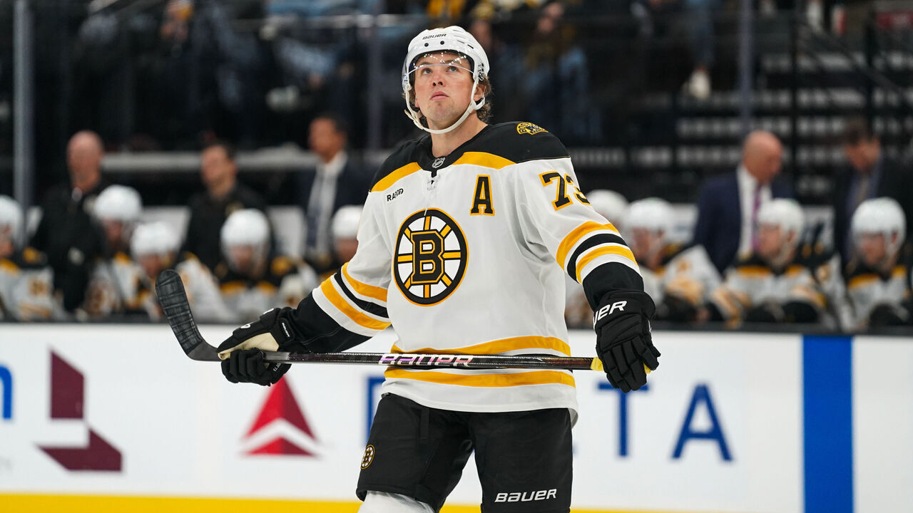 SALT LAKE CITY, UT - OCTOBER 19: Boston Bruins defenseman Charlie McAvoy (73) as seen during the third period of an NHL game between the Utah Hockey Club and the Boston Bruins on October 19, 2024, at the Delta Center in Salt Lake City, UT.