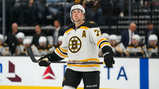 SALT LAKE CITY, UT - OCTOBER 19: Boston Bruins defenseman Charlie McAvoy (73) as seen during the third period of an NHL game between the Utah Hockey Club and the Boston Bruins on October 19, 2024, at the Delta Center in Salt Lake City, UT.