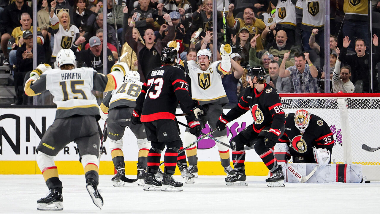 LAS VEGAS, NEVADA - OCTOBER 25: Noah Hanifin #15, Tomas Hertl #48 and Mark Stone #61 of the Vegas Golden Knights react after Hertl scored a third-period power-play goal against Linus Ullmark #35 of the Ottawa Senators to tie the game at 4-4 at T-Mobile Arena on October 25, 2024 in Las Vegas, Nevada. The Golden Knights defeated the Senators 6-4.