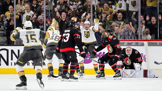 LAS VEGAS, NEVADA - OCTOBER 25: Noah Hanifin #15, Tomas Hertl #48 and Mark Stone #61 of the Vegas Golden Knights react after Hertl scored a third-period power-play goal against Linus Ullmark #35 of the Ottawa Senators to tie the game at 4-4 at T-Mobile Arena on October 25, 2024 in Las Vegas, Nevada. The Golden Knights defeated the Senators 6-4.
