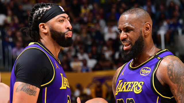 LOS ANGELES, CA - OCTOBER 25: Anthony Davis #3 and LeBron James #23 of the Los Angeles Lakers talk during the game against the Phoenix Suns on October 25, 2024 at Crypto.Com Arena in Los Angeles, California. NOTE TO USER: User expressly acknowledges and agrees that, by downloading and/or using this Photograph, user is consenting to the terms and conditions of the Getty Images License Agreement. Mandatory Copyright Notice: Copyright 2024 NBAE
