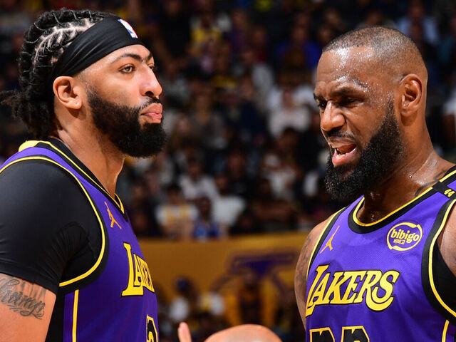LOS ANGELES, CA - OCTOBER 25: Anthony Davis #3 and LeBron James #23 of the Los Angeles Lakers talk during the game against the Phoenix Suns on October 25, 2024 at Crypto.Com Arena in Los Angeles, California. NOTE TO USER: User expressly acknowledges and agrees that, by downloading and/or using this Photograph, user is consenting to the terms and conditions of the Getty Images License Agreement. Mandatory Copyright Notice: Copyright 2024 NBAE