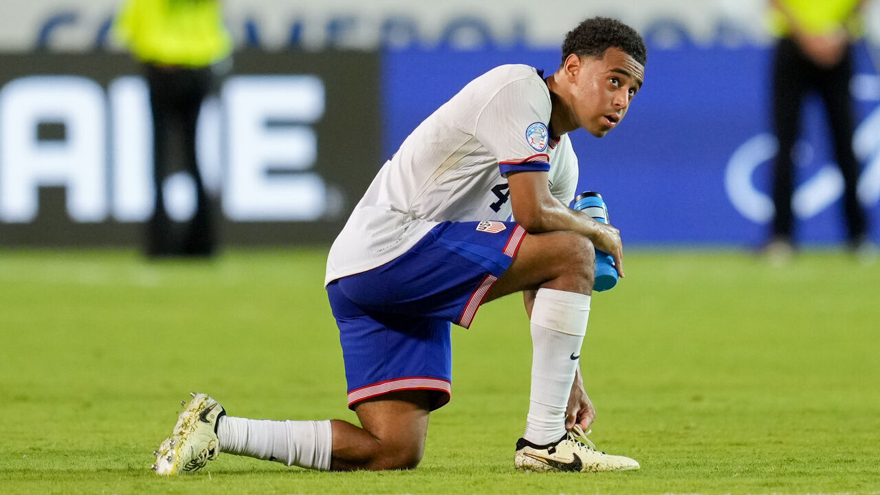 KANSAS CITY, MO - JULY 1: Tyler Adams #4 of the United States after the match during a Copa America 2024 Group C match between Uruguay and United States at Arrowhead Stadium on July 1, 2024 in Kansas City, Missouri.
