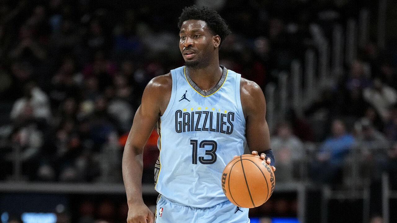 DETROIT, MICHIGAN - APRIL 01: Jaren Jackson Jr. #13 of the Memphis Grizzlies handles the ball against the Detroit Pistons at Little Caesars Arena on April 01, 2024 in Detroit, Michigan.