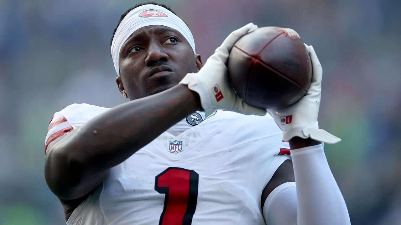 SEATTLE, WASHINGTON - OCTOBER 10: Deebo Samuel Sr. #1 of the San Francisco 49ers warms up before the game against the Seattle Seahawks at Lumen Field on October 10, 2024 in Seattle, Washington.