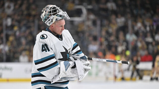 LAS VEGAS, NEVADA - OCTOBER 26: Vitek Vanecek #41 of the San Jose Sharks looks on during the first period against the Vegas Golden Knights at T-Mobile Arena on October 26, 2024 in Las Vegas, Nevada.