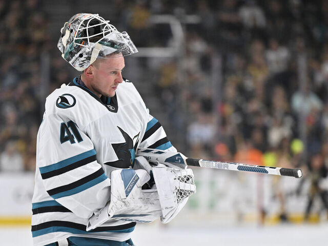 LAS VEGAS, NEVADA - OCTOBER 26: Vitek Vanecek #41 of the San Jose Sharks looks on during the first period against the Vegas Golden Knights at T-Mobile Arena on October 26, 2024 in Las Vegas, Nevada.