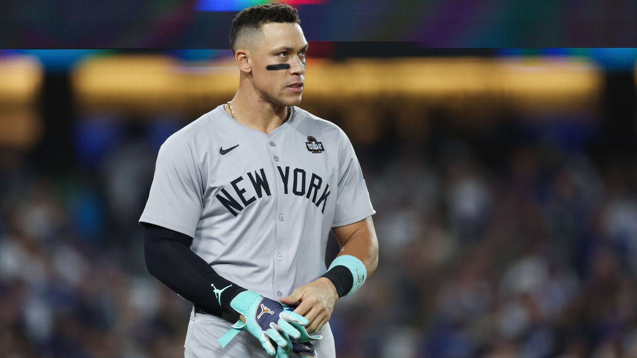 LOS ANGELES, CALIFORNIA - OCTOBER 26: Aaron Judge #99 of the New York Yankees reacts after striking out in the fifth inning against the Los Angeles Dodgers during Game Two of the 2024 World Series at Dodger Stadium on October 26, 2024 in Los Angeles, California.