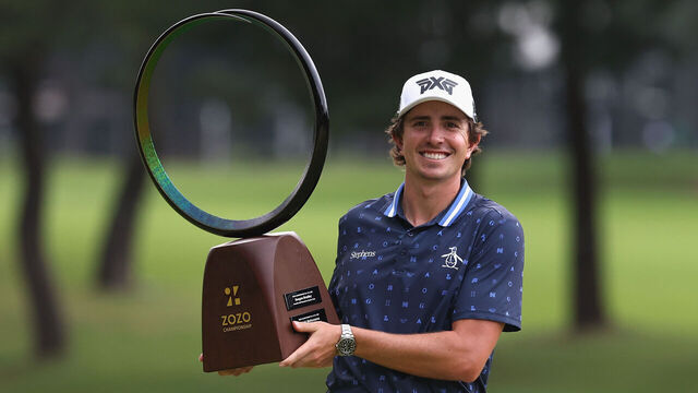 INZAI, JAPAN - OCTOBER 27: Nico Echavarria of Colombia poses with the trophy after the award ceremony following the final round of the Zozo Championship 2024 at Accordia Golf Narashino Country Club on October 27, 2024 in Inzai, Chiba, Japan.