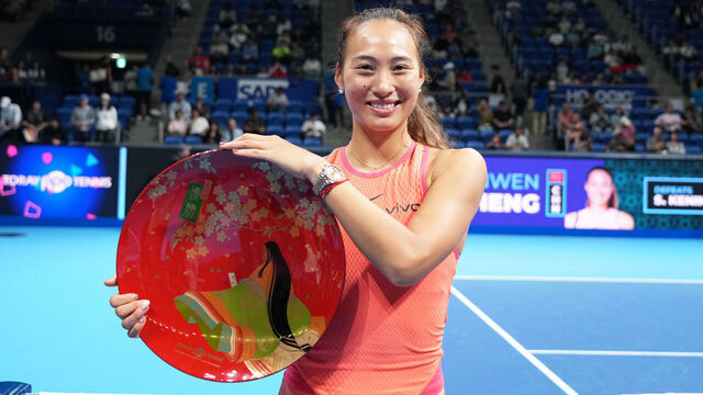 TOKYO, JAPAN - OCTOBER 27: Qinwen Zheng of China pose with the trophy after defeating Sofia Kenin of the United States championships - Singles Final on day seven of the Toray Pan Pacific Open at Ariake Coliseum on October 27, 2024 in Tokyo, Japan.