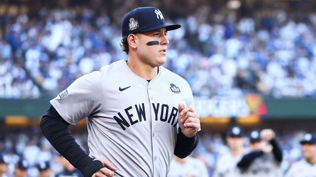 LOS ANGELES, CALIFORNIA - OCTOBER 25: Anthony Rizzo #48 of the New York Yankees is introduced before Game One of the 2024 World Series against the Los Angeles Dodgers at Dodger Stadium on October 25, 2024 in Los Angeles, California.
