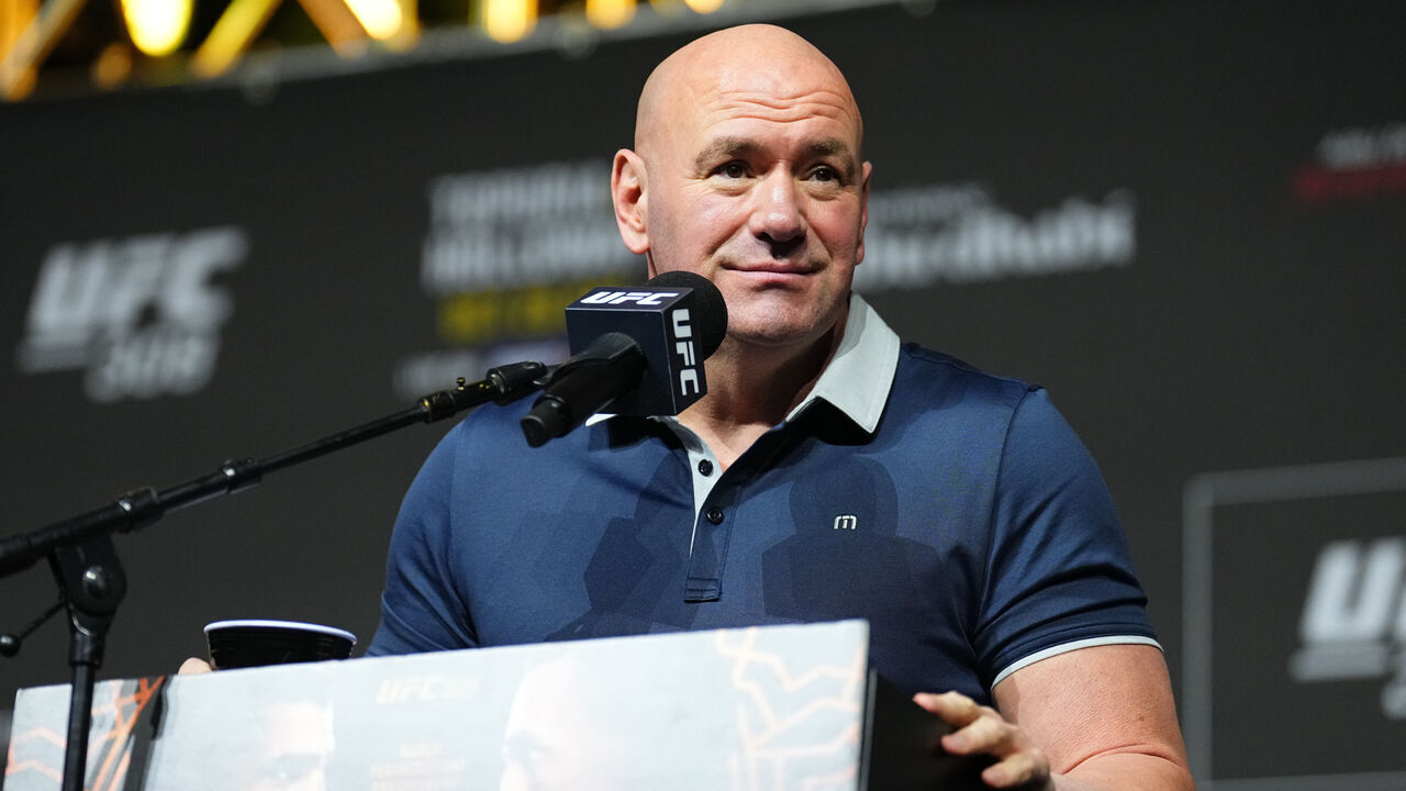 ABU DHABI, UNITED ARAB EMIRATES - OCTOBER 24: UFC CEO Dana White is seen on stage during the UFC 308 press conference at Etihad Arena on October 24, 2024 in Abu Dhabi, United Arab Emirates.