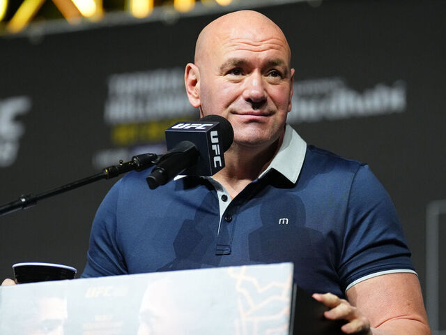 ABU DHABI, UNITED ARAB EMIRATES - OCTOBER 24: UFC CEO Dana White is seen on stage during the UFC 308 press conference at Etihad Arena on October 24, 2024 in Abu Dhabi, United Arab Emirates.