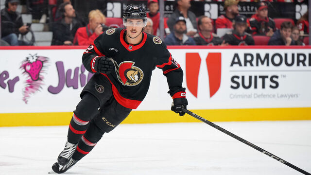 OTTAWA, CANADA - OCTOBER 19: Shane Pinto #12 of the Ottawa Senators skates against the Tampa Bay Lightning at Canadian Tire Centre on October 19, 2024 in Ottawa, Ontario, Canada.