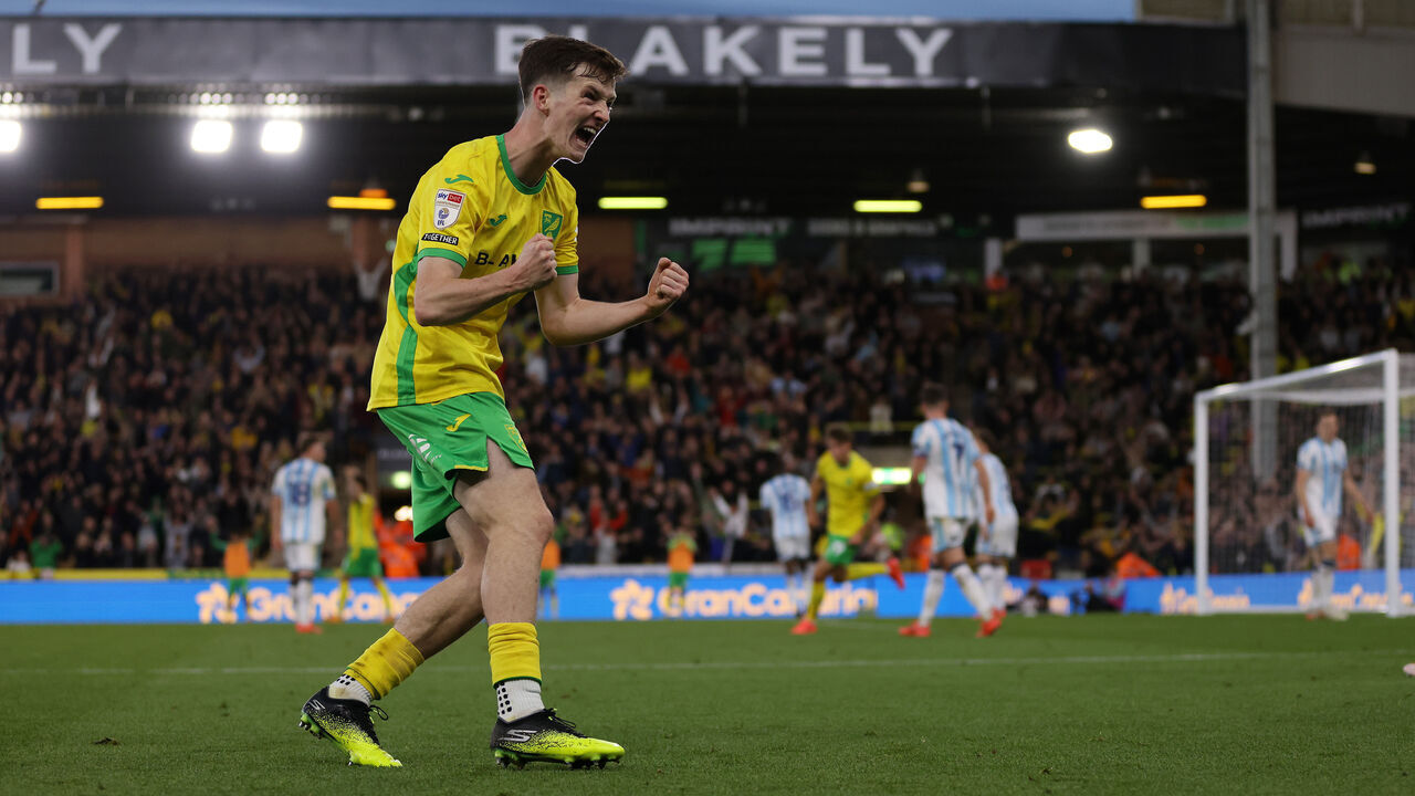 NORWICH, ENGLAND - OCTOBER 27: Kellen Fisher of Norwich City celebrates scoring his team's third goal during the Sky Bet Championship match between Norwich City FC and Middlesbrough FC at Carrow Road on October 27, 2024 in Norwich, England.