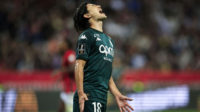 Monaco's Japanese forward #18 Takumi Minamino reacts during the French L1 football match between OGC Nice and AS Monaco at the Allianz Riviera Stadium in Nice, south-eastern France, on October 27, 2024.