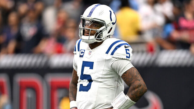 HOUSTON, TEXAS - OCTOBER 27: Anthony Richardson #5 of the Indianapolis Colts reacts after being sacked during the fourth quarter against the Houston Texans at NRG Stadium on October 27, 2024 in Houston, Texas.