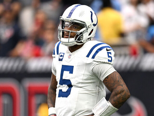 HOUSTON, TEXAS - OCTOBER 27: Anthony Richardson #5 of the Indianapolis Colts reacts after being sacked during the fourth quarter against the Houston Texans at NRG Stadium on October 27, 2024 in Houston, Texas.