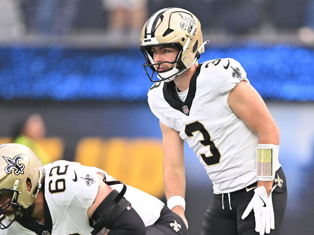 INGLEWOOD, CA - OCTOBER 27: New Orleans Saints quarterback Jake Haener (3) warms-up prior to the game between the Saints and the Chargers on October 27, 2024, at SoFi Stadium in Inglewood, CA.